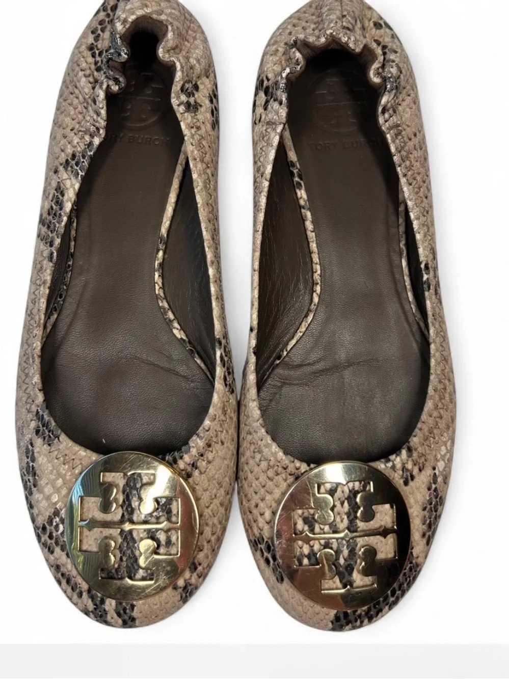Tory Burch Reva Snakeskin-Embossed Ballet Flats, gold tone double-T medallion8.5